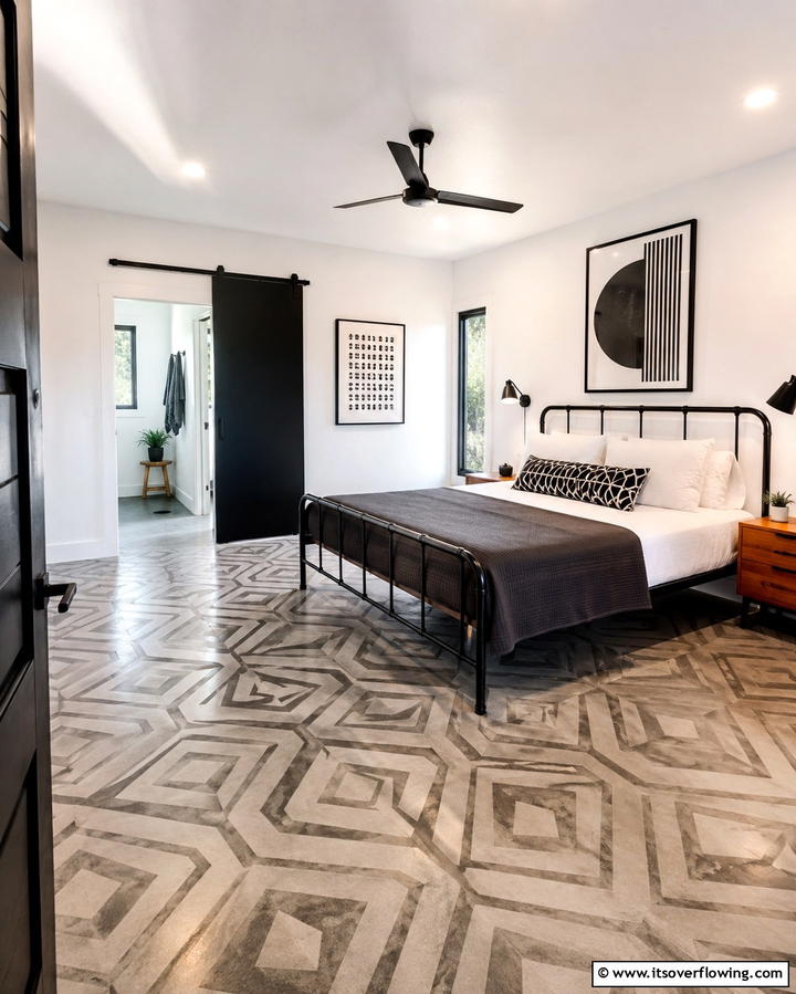 Geometric Patterns on Concrete for Modernity - 25 Concrete Floor Bedroom Ideas for an Industrial Vibe