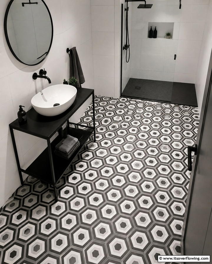 Geometric Patterns with Hexagon Tiles - 30 Bathrooms with Hexagon Tile Floor Design Ideas