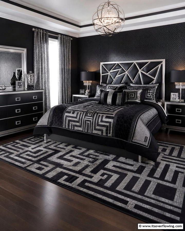 Geometric Patterns - 20 Black and Silver Bedroom Ideas for a Sleek Aesthetic