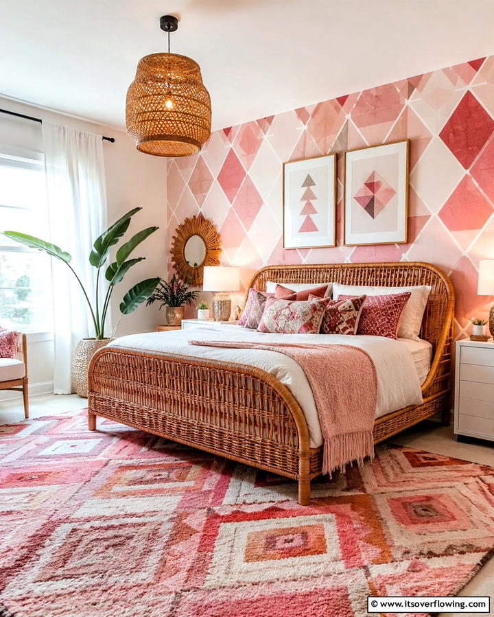 Geometric Pink Pattern Highlights - 30 Pink Boho Bedroom Ideas for a Chic and Cozy Retreat