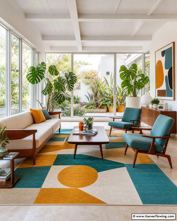 Geometric Rugs - 20 Mid-century Modern Sunroom Ideas for a Retro Vibe