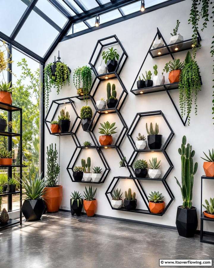 Geometric Shelf Designs - 20 Innovative Corner Greenhouse Ideas for Gardeners