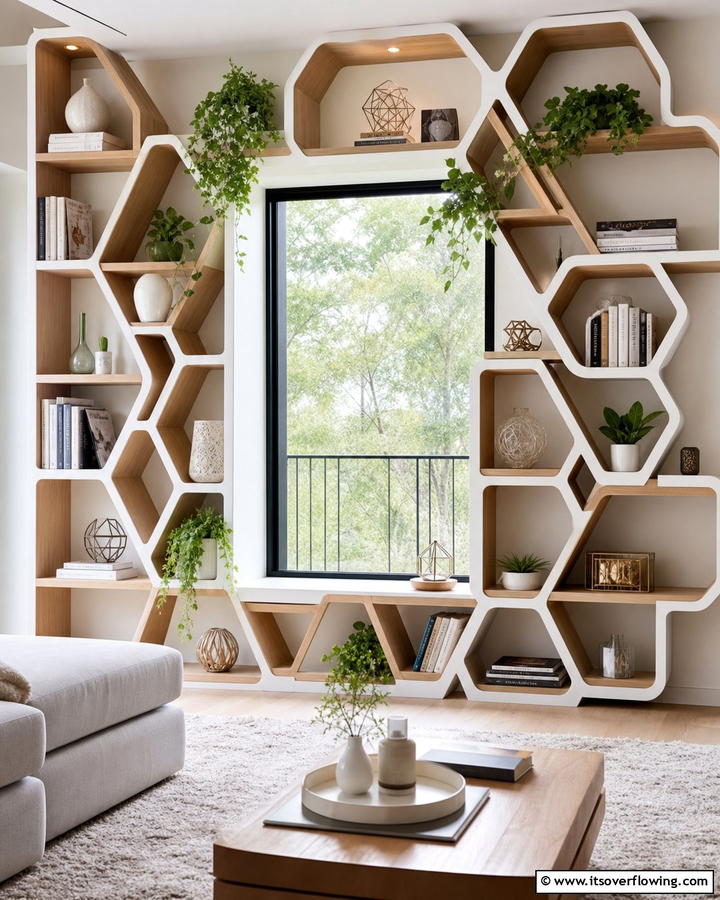 Geometric Shelving Design Around a Window - 20 Bookcases Around Window Design Ideas- Functional Decor