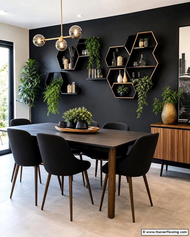 Geometric Shelving - 20 Black Accent Wall Dining Room Ideas for a Bold Look