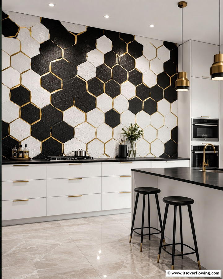Geometric Tile Accents - 30 Luxe Black, White, and Gold Kitchen Ideas for Elegant Spaces