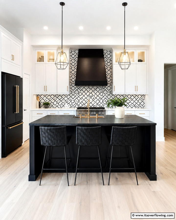 Geometric Tile Highlights - 20 White Kitchen Ideas With Black Island for Contrast