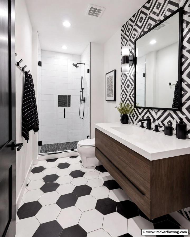 Geometric Tile Patterns - 30 Small Master Bathroom Ideas for Efficient Luxury