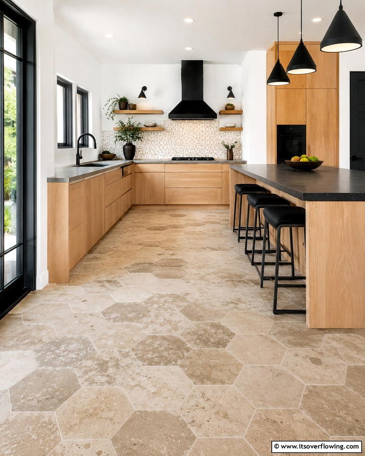 Geometric Tile Shapes - 25 Travertine Floor Kitchen Ideas for Elegance