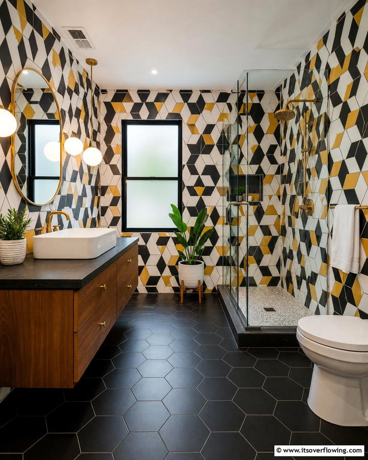 Geometric Tiled Walls - 21 Mid-Century Modern Bathroom Ideas for Retro Elegance