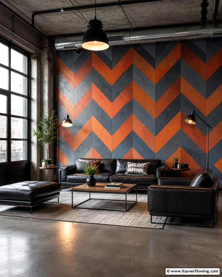 Geometric Wall Stencils - 25 Orange and Blue Living Room Ideas for a Bold Look