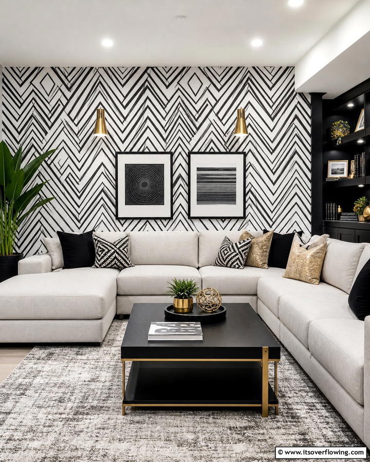 Geometric Wallpaper - 25 Basement Accent Wall Ideas to Transform Your Space