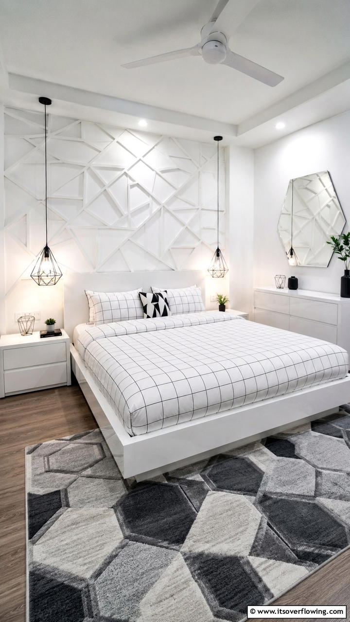 Geometric White Patterns - 21 Serene White Bedroom Ideas for a Calming Retreat
