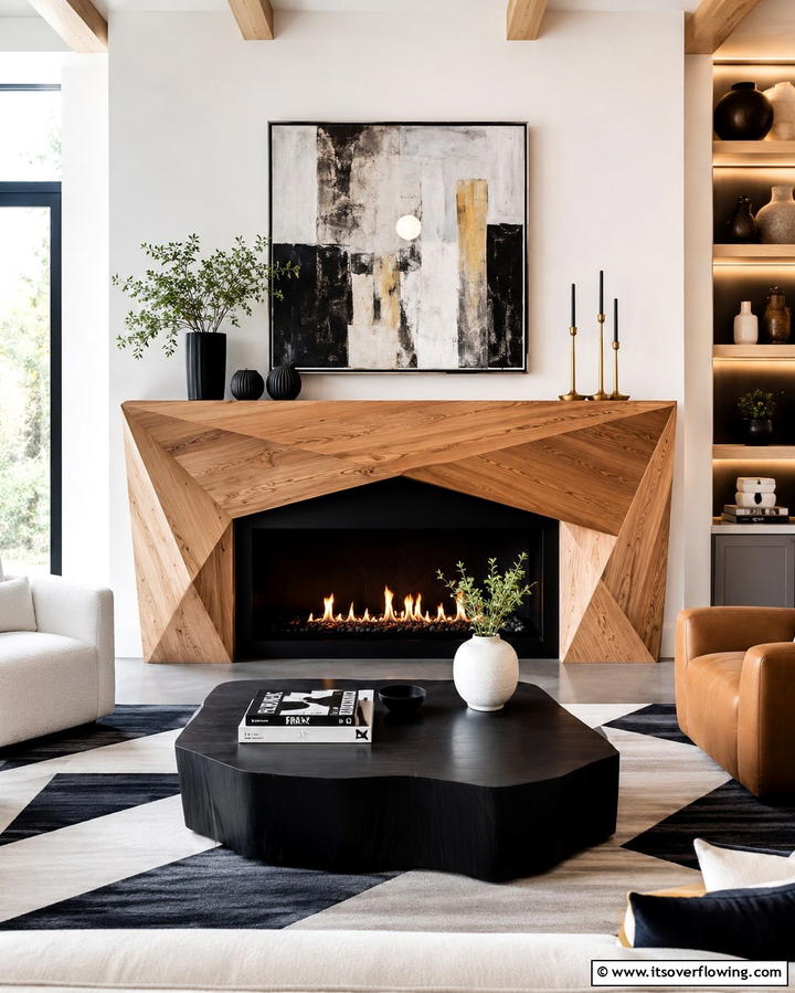 Geometric Wood Mantel - 20 Wood Mantel Ideas for a Cozy and Stylish Fireplace
