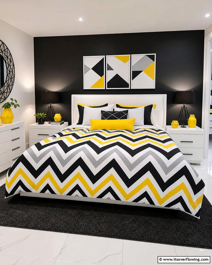 Geometric Yellow Patterns - 30 Yellow Bedroom Ideas to Brighten Your Sleep Space