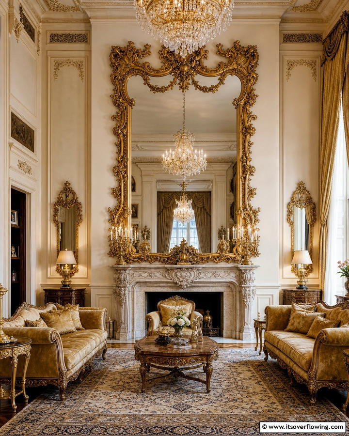 Gilded Mirror Statement - 25 Castle Living Room Ideas for a Majestic and Regal Ambiance
