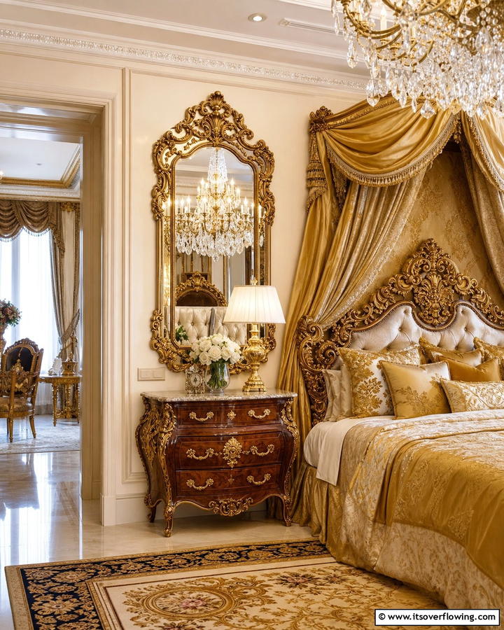 Gilded Mirror for Opulent Style - 20 Mirror Behind Nightstand Design Ideas for Elegance