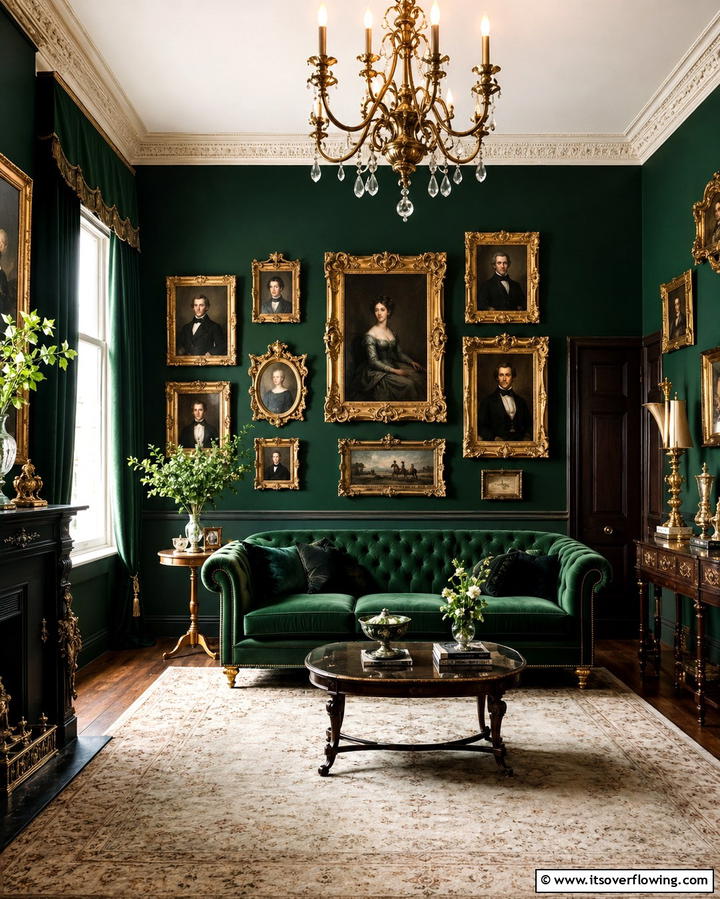 Gilded Picture Frames - 25 Victorian Dark Green Living Room Ideas for Drama