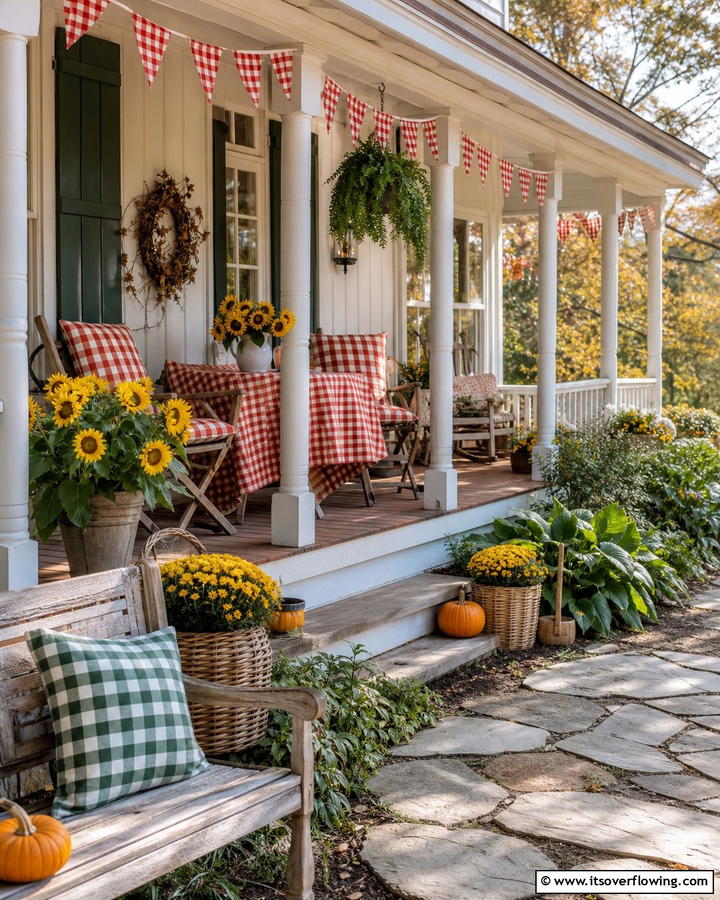 Gingham Patterned Decor - 21 Fall Porch Decor Ideas for a Warm Autumn Welcome