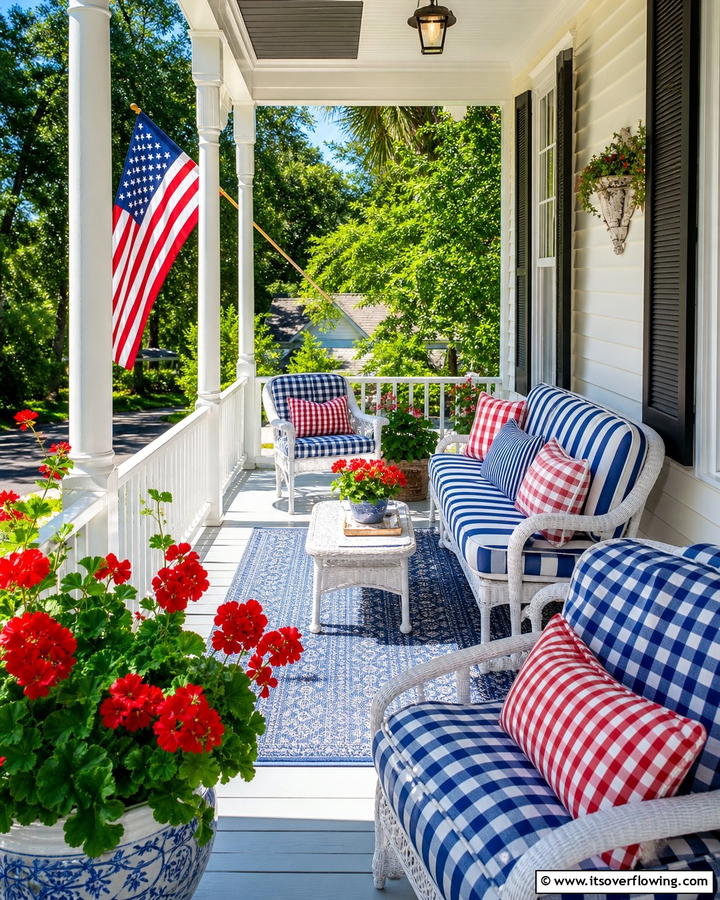 Gingham and Striped Furnishings - 30 Southern Front Porch Ideas for Welcoming Outdoor Spaces