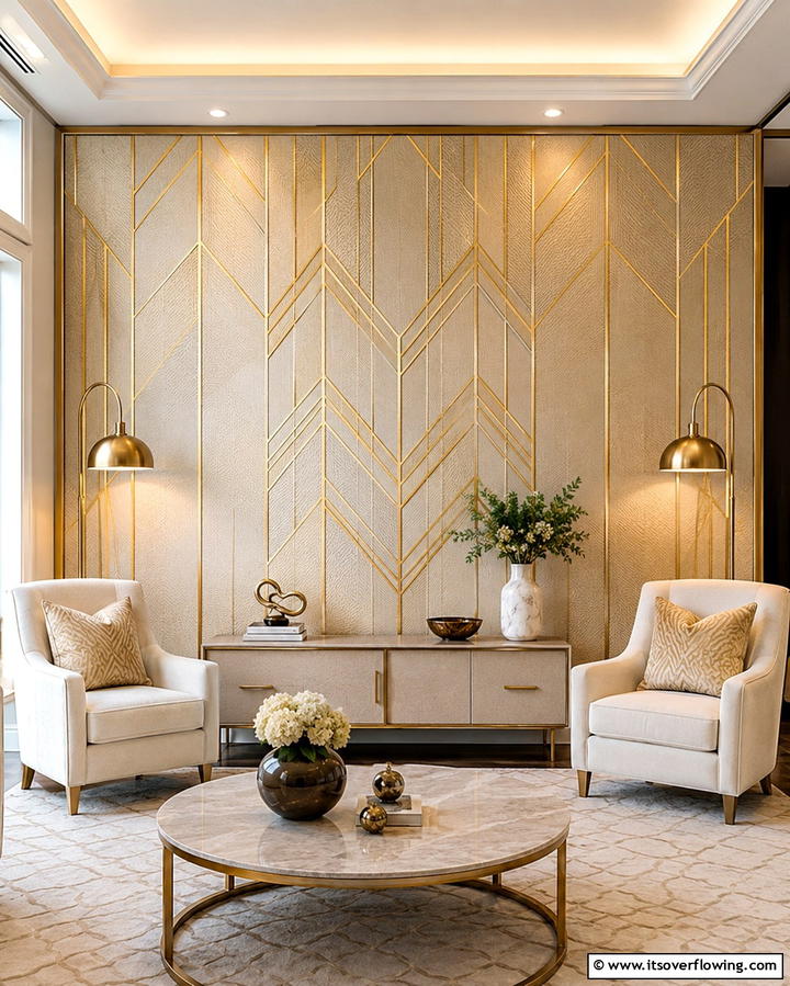 Glamorous Cream and Gold Accent Wall - 30 Elegant Cream & Gold Living Room Themes for Luxe Interiors