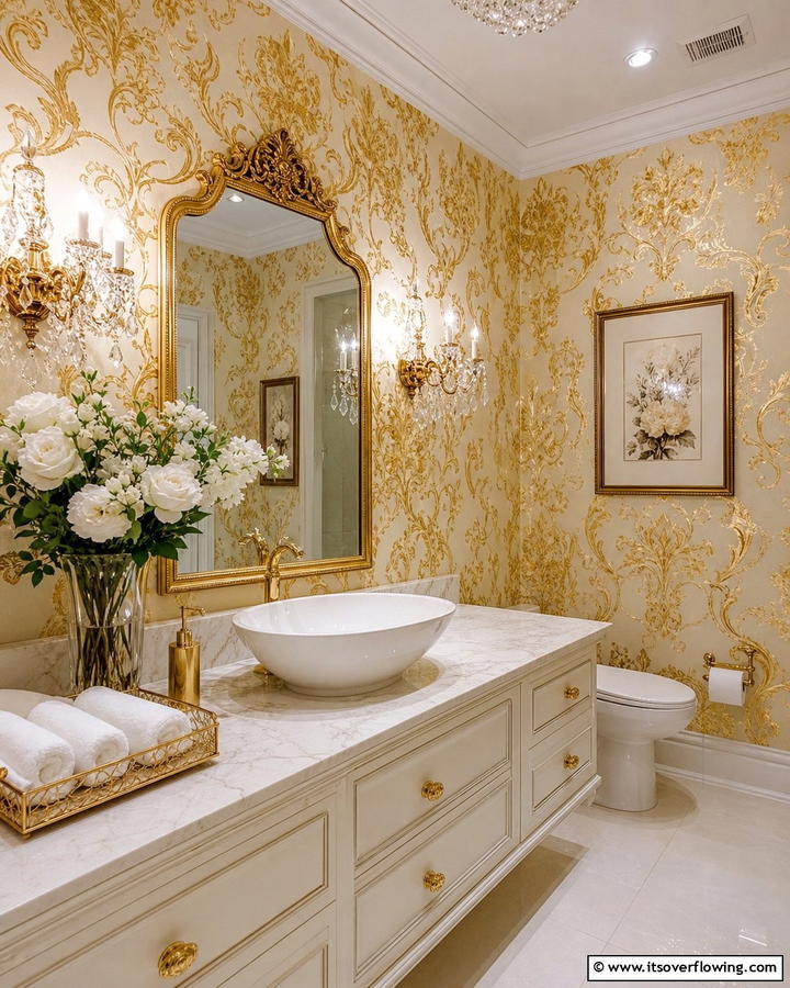 Glamorous Gold Accents - 21 Bathroom Wallpaper Ideas to Add Bold Patterns or Subtle Texture