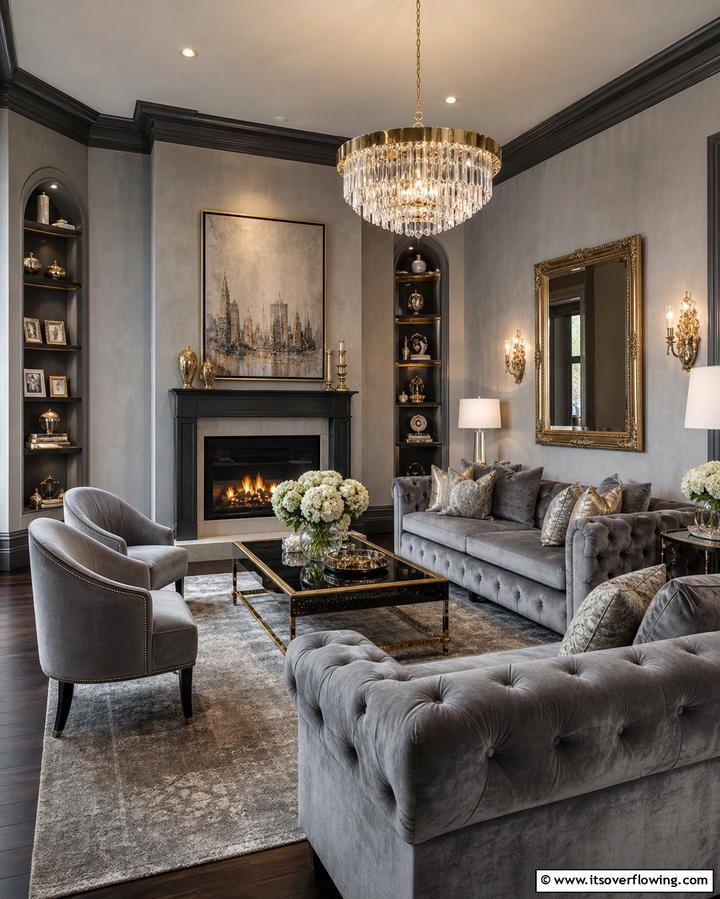 Glamorous Grey Luxe - 30 Grey Living Room & Dark Wood Floor Design Combinations