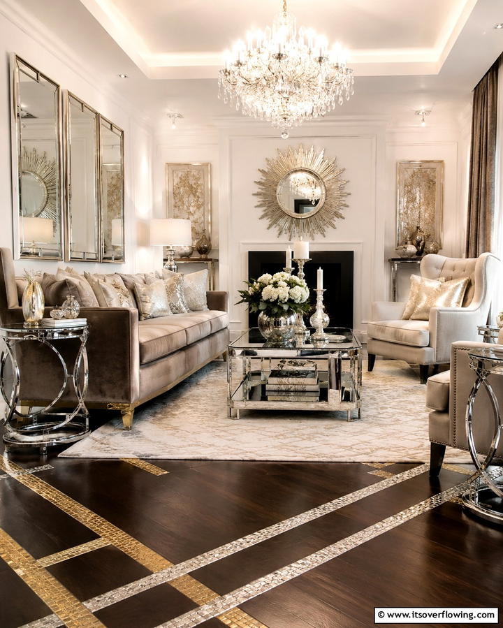 Glamorous Metallic Touches - 25 Dark Brown Floor Living Room Ideas for Warmth