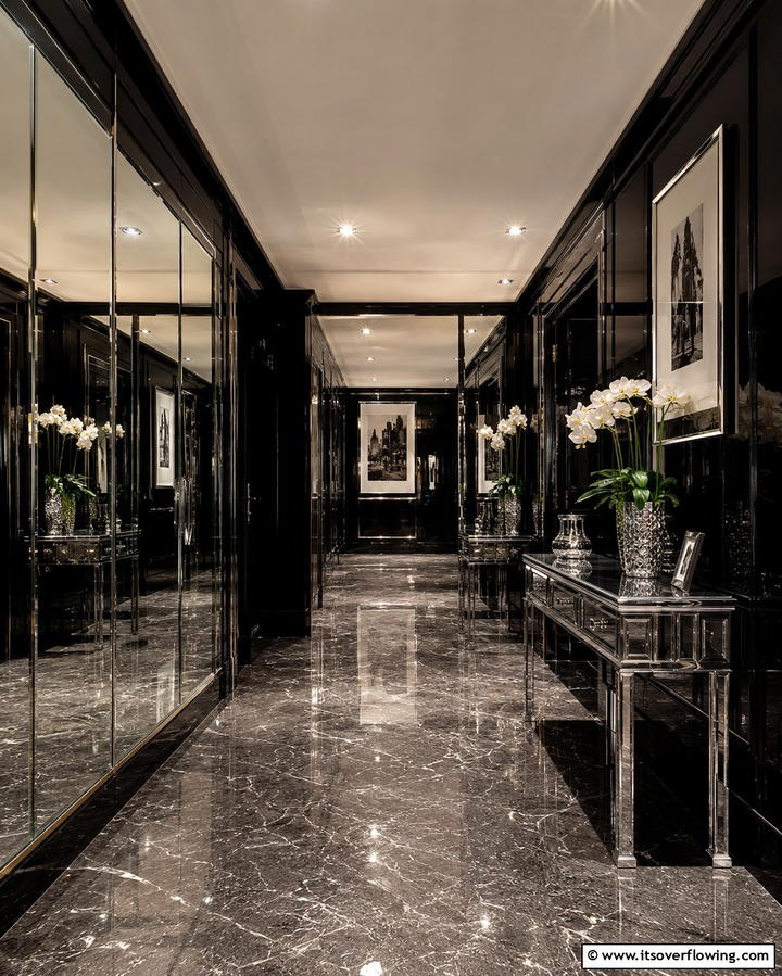 Glamorous Reflective Surfaces - 30 Black Hallway Ideas for Dramatic and Sophisticated Spaces