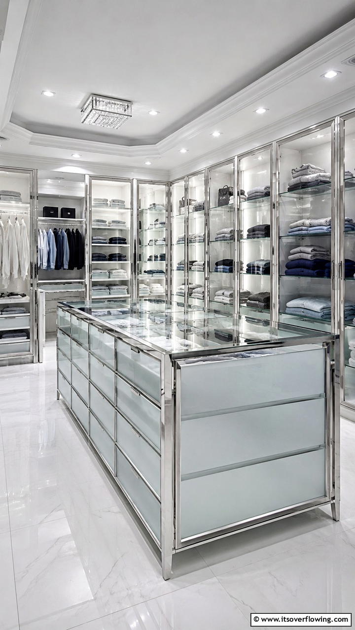 Glass Accented Closet Island - 30 Closet Island Ideas- Luxurious Walk-In Storage Solutions