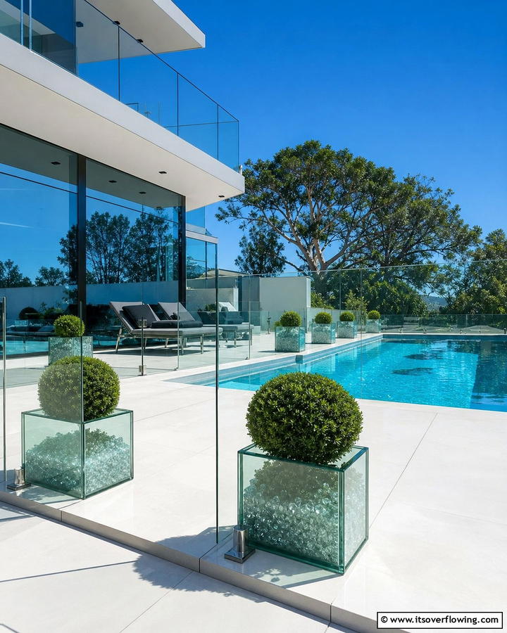 Glass Accented Modern Pool Deck - 21 Pool Deck Layouts for Safe & Stylish Swimming Areas