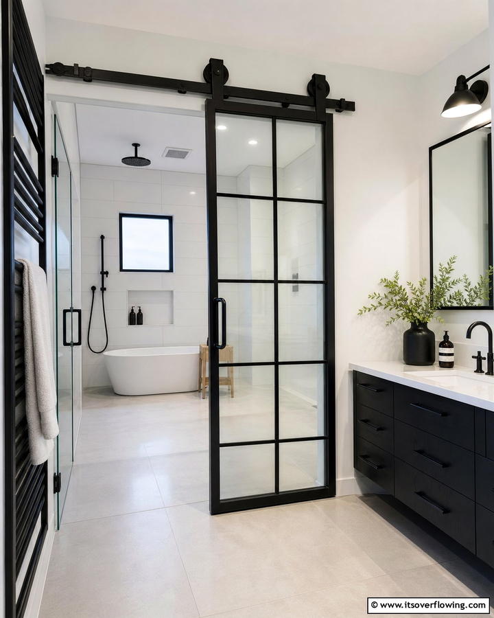 Glass Barn Door with Black Frame - 20 Bathroom Barn Door Ideas for Space Saving