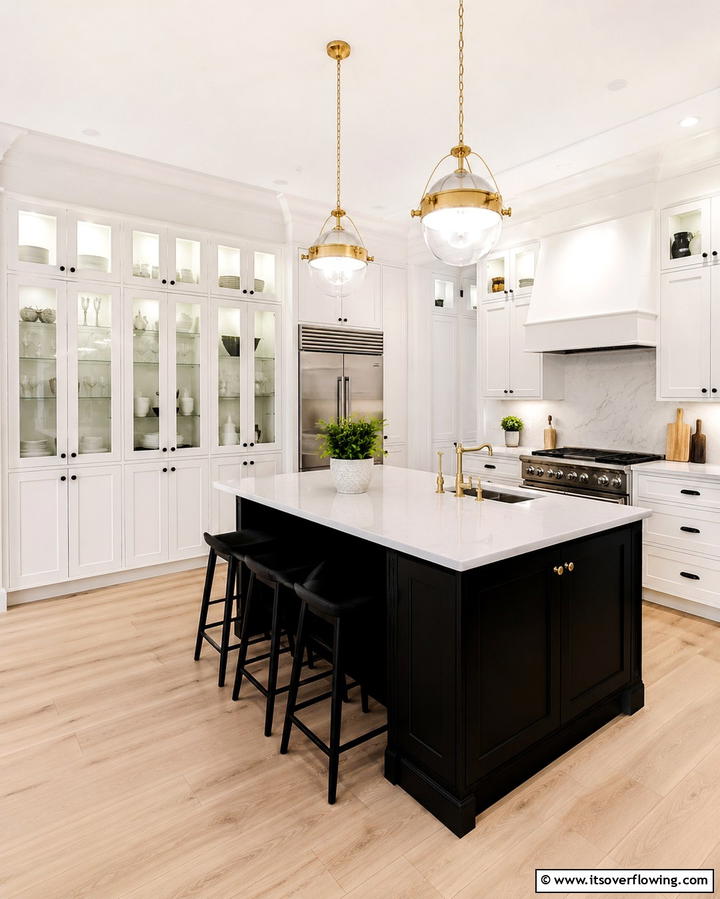 Glass Cabinet Doors - 20 White Kitchen Ideas With Black Island for Contrast