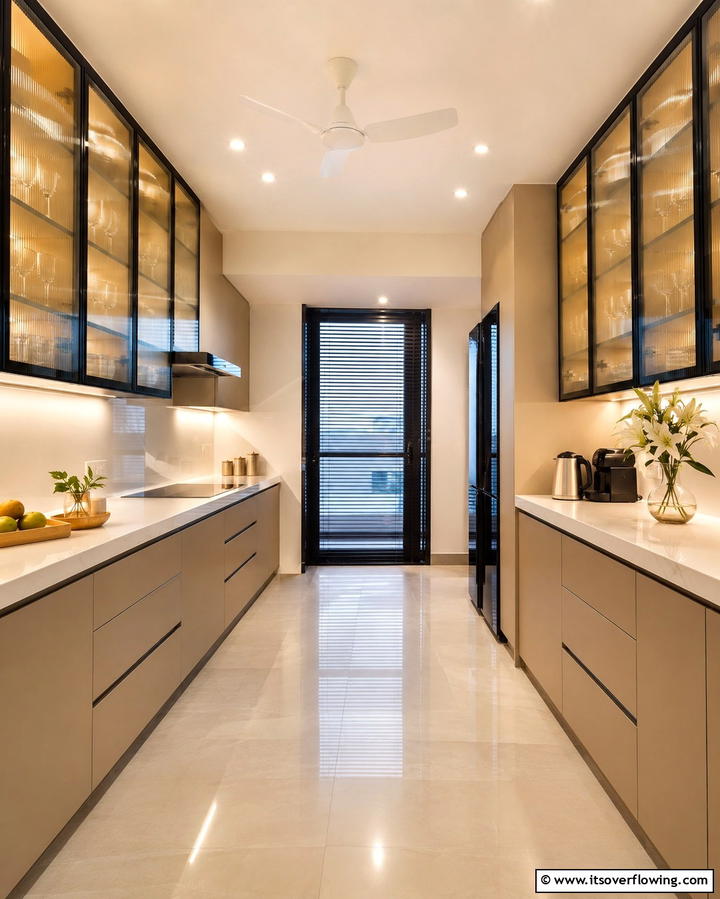 Glass Cabinet Doors - 30 Parallel Modular Kitchen Designs for Efficient Cooking