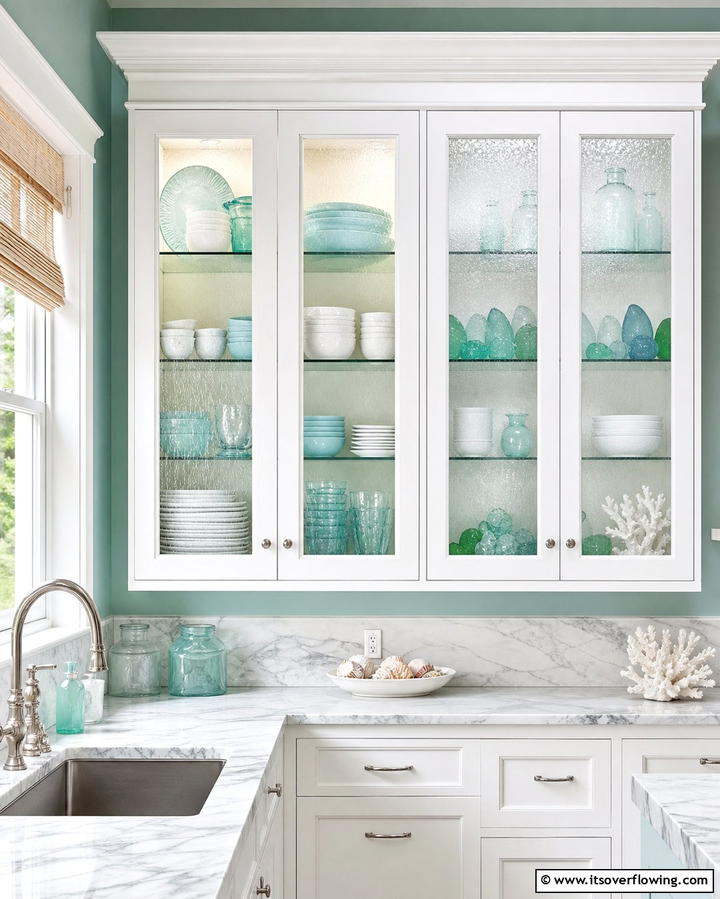 Glass Cabinet Doors - 25 Coastal Kitchen Ideas for a Beach-Inspired Look
