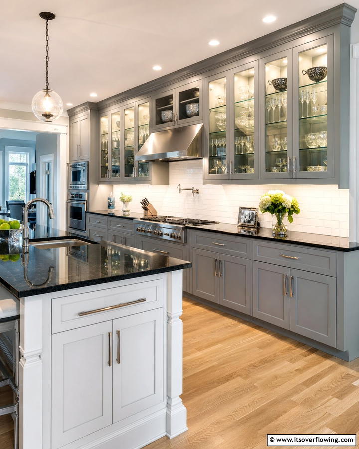 Glass Cabinet Doors for Airy Sophistication - 25 Kitchen Ideas with Gray Cabinets and Black Countertops