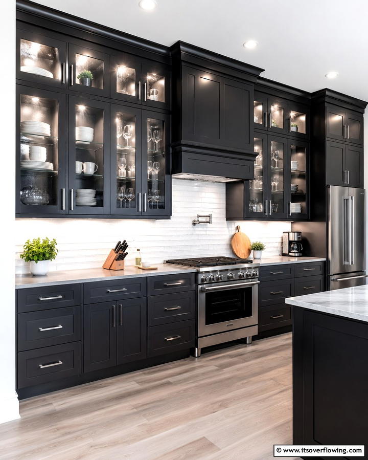 Glass Cabinet Doors for Lightness - 25 Dark Kitchen Ideas for a Bold and Modern Look