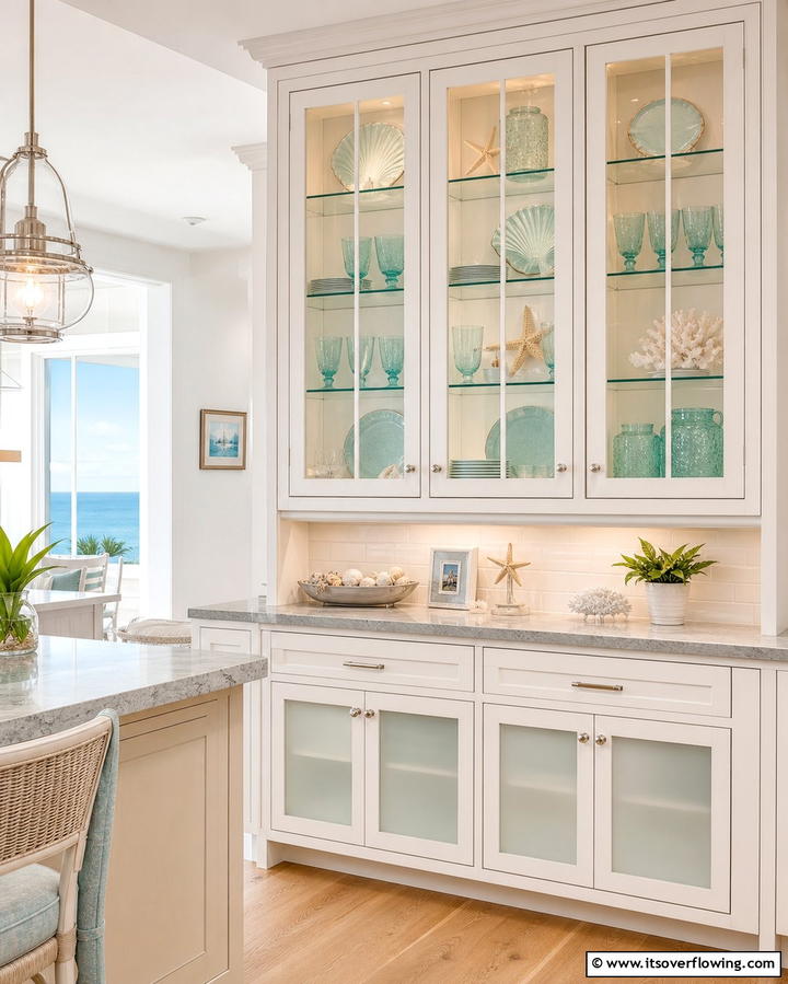 Glass Cabinet Doors for an Airy Look - 25 Coastal Kitchen Ideas for a Beach-Inspired Look