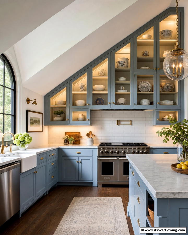 Glass Cabinet Doors - 20 Sloped Ceiling Kitchen Ideas for a Unique and Stylish Space