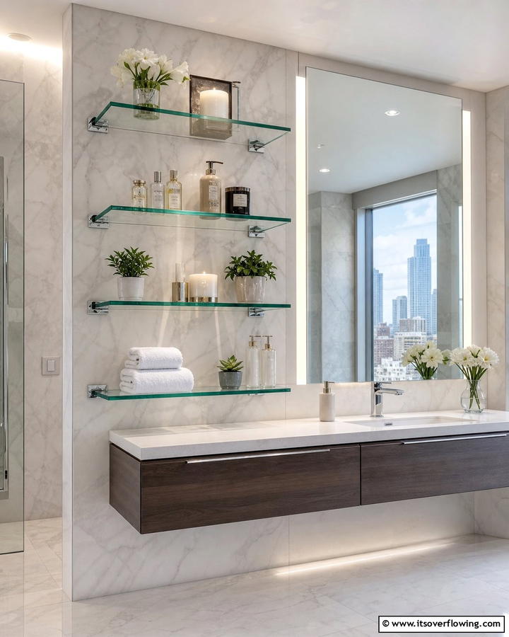 Glass Display Shelves - 20 Bathroom Wall Storage Ideas for Organization