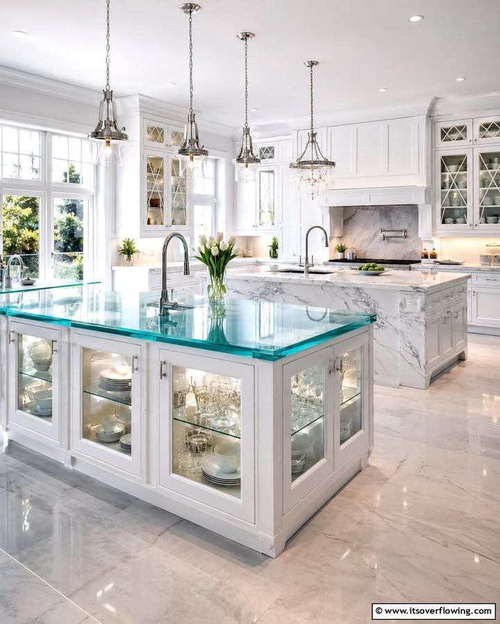 Glass Elements - 25 Double Island Kitchen Ideas for Spacious Cooking