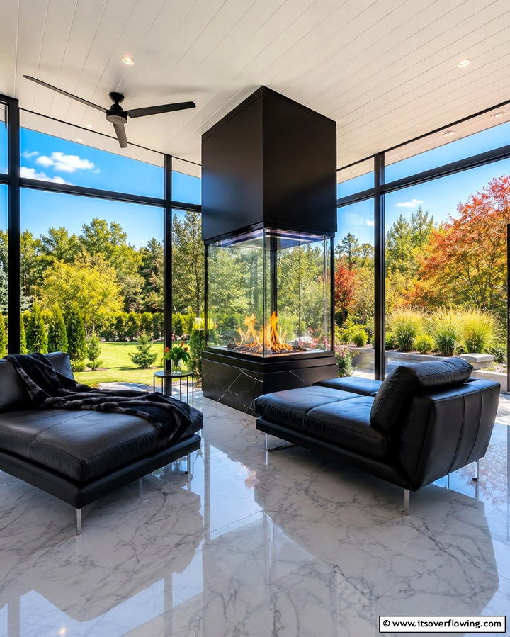 Glass Encased Fireplace Elegance - 25 Screened-in Porch With Fireplace Ideas for Cozy Evenings