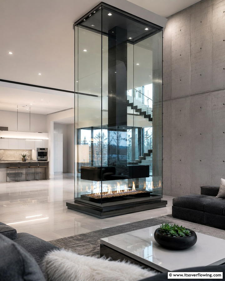 Glass Encased Sophistication - 25 Floor to Ceiling Fireplace Ideas- Stunning & Modern