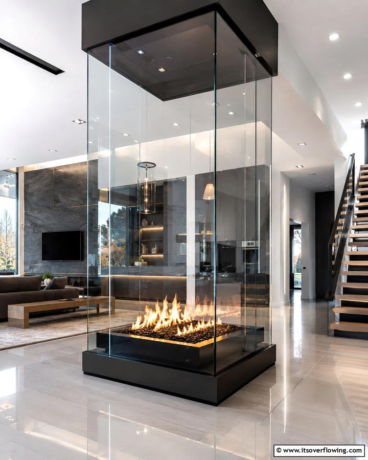 Glass Enclosed Modernity - 25 Floor to Ceiling Fireplace Ideas- Stunning & Modern