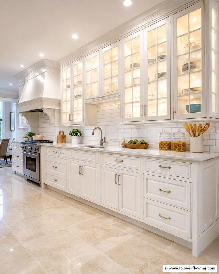 Glass Front Cabinets for a Sophisticated Look - 25 Off-white Kitchen Cabinets for a Timeless Look