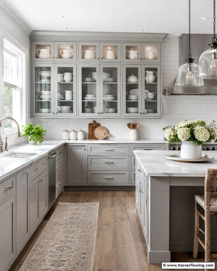 Glass Front Cabinets to Display Collections - 25 Farmhouse Kitchen with Gray Cabinets Ideas