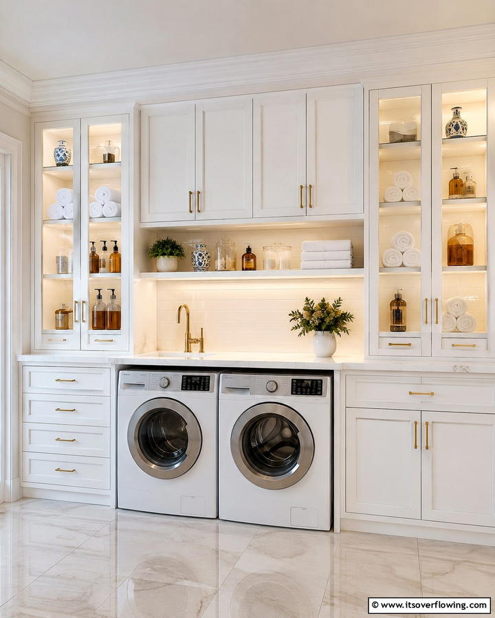 Glass Front Cabinets with Adjustable Shelves - 30 Laundry Room Shelf Ideas- Maximize Storage & Efficiency