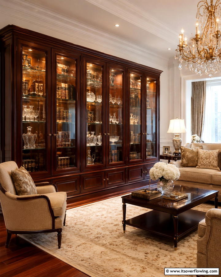Glass Front Shelving for a Touch of Sophistication - 25 Living Room Bookshelf Ideas for Stylish Storage