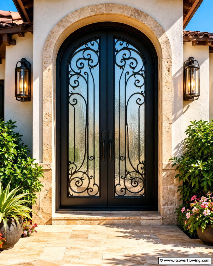 Glass Panels with Iron Grilles - 25 Spanish Style Front Door Ideas for Curb Appeal
