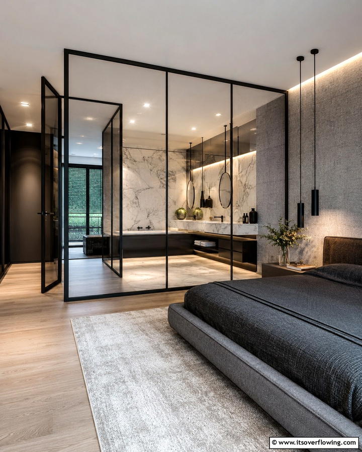 Glass Partition Walls - 25 Luxury Modern Bedroom Ideas for Ultimate Comfort