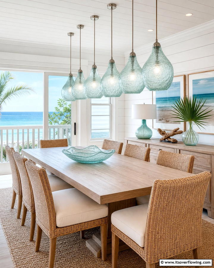 Glass Pendant Lighting - 25 Coastal Dining Room Ideas for a Beachy Vibe
